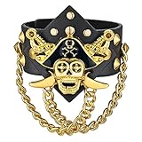 JewelryWe Schmuck Herren Breit Lederarmband, Gotik Punk Fluch der Karibik Kapitän Totenkopf Schädel Kette Leder Manschette Armband Armreif, Schwarz G