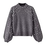 OIKAY Pullover mit perlen Damen Abverkauf Heißer Damen Winter Bluse Pullover Grau O Neck Langarm Perle Strickpullover (Grau, EU-40/XL)