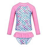 inlzdz Mädchen Uv-Schutz Schwimmanzug Fischschuppen Muster Langarm Badeshirt mit Slip Bademode Sommer Badeanzug Sport Sonnenanzug Bademode Gr.92-176 Rosa A 122-128
