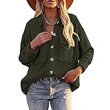 KXZD T-Shirt Damen Einfarbig Bluse Knopfleiste Oberteile Revers Tunika Langarm Tops Elegant Hemd Casual Lockere Longshirt Damen Bluse Elegant Cord Hemd Jacke Langarm Casual Oberteile S