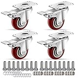 HAUSEE Lenkrollen mit Bremse, Industrierollen mit Platte, Schwerlastrollen Möbelrollen mit Schraubenzubehör, rauschfreie Platterollen, 4 Stück, Rot (75MM)
