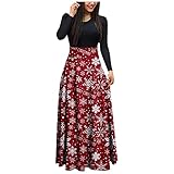 WHSOP Weihnachtskleid Damen Rot Strickkleid Damen Freizeit Partykleid Winterkleid Rockabilly Ballkleid Hoch Tailliert BodenläNge O-Ausschnitt Langarm Maxi Kleider Mit Schneeflocken Druck