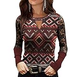 Aztec Print Tops Strass Gurtband Schlüsselloch Hals Spleißen Spitze Ausschnitt Langarm Slim T Shirt Pullover für F