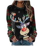 Weihnachtspulli Damen Lang,Weihnachtspullover Damen Lustig 3D Drucken Schön Oversize Baumwolle Winter Warm Langarm ohne Kapuze Weihnachten Sweatshirt Pullover Weihnachtsp