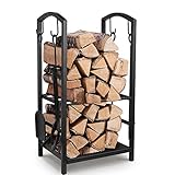 Kaminholzregal, Kaminbesteck, 75x40x30 cm(HxLxB), Feuerholzregal mit 4 Werkzeugen, Brennholzregal mit Schürhaken, Besen, Schaufel & Zange, belastbar bis 150lbs,für Holzofen Kamin F