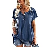 FrüHling Und Sommer Damen Casual Pullover Rundhals Einfarbig Knopfleiste Lose Kurzarm UnregelmäßIger Saum T-Shirt D