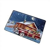 AoLismini Weihnachtseingang Außentürmatte Holzhütte mit klassischen amerikanischen LKW- und Baumgeschenken Sternenhimmel Winter Schnee Fangstaub Schnee und Schlamm, Mehrfarbig