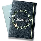 Mutterpass Hülle Filz bestickt mit Namen Mutterpasshülle Passhülle Schwanger Babybauch Schwangerschaft Geschenk Geschenkidee Geburt Baby (Motiv 06 - Blumenkranz, Filzfarbe - antrazith)