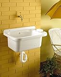 Waschbecken, Ausgussbecken mit Ablaufgarnitur aus schlagfestem Kunststoff und flexiblen Siphon in Weiß. Maße ca. BxTxH in cm: 58 x 40 x 27