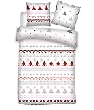 Familando Biber/Flanell Bettwäsche-Set 135 x 200 cm 80 x 80 cm mit Wintermotiv Weihnachten Rentiere Tannenbaum 100% Baumwolle Weihnachts-Deko (Rosa Grau)