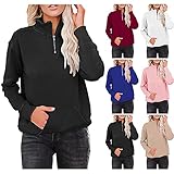 BAODANA Bluse Damen V-Ausschnitt Pullover Winter Langarmshirt Frauen Große Größen Langarm Sweatshirt Lose Casual Einfarbig Oberteil Tops mit Reißverschluss Teenager Mädchen T-S