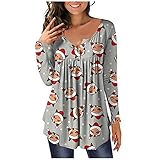 JenK Cing Vintage Weihnachten T-Shirt Damen V-Ausschnitt Knopfleiste Bluse Weihnachtsthema Drucken Tunika Langarm Casual Kurzarm Tops Lockere Blusen Oberteile Rentier Henley Bluse Neujahrsgeschenk