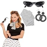 NET TOYS Rockabilly Kostüm Set mit Sonnenbrille, Ohrringe und Halstuch 50er 60er Jahre Bekleidung Rock n Roll Outfit Sixties Damenkostüm Accessoire Damen Kleidung Zubehö