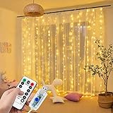 DANGZW LED Lichtervorhang 3M × 3M, 300 LEDs Lichterkettenvorhang Wasserdichte USB LED Lichterkette mit Fernbedienung, 8 Modi String Light für Weihnachten, Hochzeit, Party, Schlafzimmer Deko (Warmweiß)