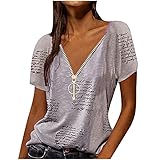 Masrin Bluse Damen Vintage Buchstabendruck Oberteile Tunika mit Zip Up und V Ausschnitt Pullover mit Reißverschlussleiste Herbst Langarmshirts Schlankes Sweatshirt in Übergröß