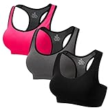 CARETOO Sport BHS für Frauen Racerback Medium High Impact Sport Fitness Yoga 3 Packs, Schwarz + Grau + Rose, L Fit 80D 80DD 80E 85D 90BC 90D