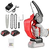 SXxingkong Mini-Kettensäge Cordless mit Handschutz und 2 Batterien, eine Hand Pruners, 4' 24v tragbarer elektrischer Kettensäge zum Schneiden von Holz, Zweig (rot)