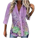 Damen Floral Button-Down Hemden, Slim Fit Elegante Bluse Fashion High Low Side Slit Office Workwear 3/4 Ärmel V-Ausschnitt Freizeit Vintage T-Shirt Tunika Top