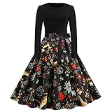 Darringls Kleider Weihnachten Damen 1950er Jahre Weihnachtskleid Langarm Brautkleid Vintage Ballkleid mit 3D Print Elegantes Party Knielanges Hepburn Cocktailkleid Kostü