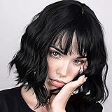 Frauen kurze gewellte Bob Perücke schwarz seidig lockig gewellt synthetische Perücke für Frauen Mädchen hitzebeständige Faser Perücke mit natürlichen Pony (natürliche schwarz, 14 Zoll)