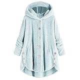 Damen Jacke Einfarbige Loose Kapuzenpullover mit Taschen Frauen Kapuzenjacken Knopf Plüsch Bequemer Hoodies Tuniken Tops Damen Elegante Langarm Kapuze Mantel Blusen T-Shirts Sweatshirts XXL B