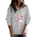 STOREYH Damen Weihnachten Weihnachtsmann Druck Tops Lässig Loose Langarm Zip Revers Hemd Fleece Oberteile Pullover Sweatshirt Herbst Winter Bequem Atmungsaktiv Tee Frauen Bluse Wickel Tunika T-S