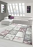 Edler Designer Teppich Moderner Teppich Wohnzimmer Teppich Patchwork Vintage Meliert Karo Muster in Lila Creme Grau Rosa Schwarz Größe 80x150