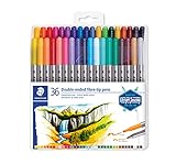 STAEDTLER 3200 TB36 Doppelfasermaler (zwei Spitzen für schmale und breite Linien, Klarfaltetui mit 36 leuchtenden Farben)