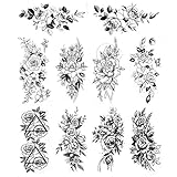 HOWAF 10 Blätter Groß Pfingstrose Schwarz Rose Blume Temporäre Tattoos Frauen Wasserdicht Schwarz Tattoo Aufkleber Mädchen Fake Wasserdicht Tatoos Arm Tatto Sexy Schulter Brust B