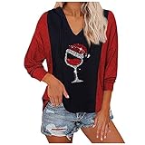 Pullover Damen Bluse Langarmshirt Tunika Farbblock Tshirt Oberteile Tops Langärmliges Kapuzenoberteil mit V-Ausschnitt in Colorblock-Optik mit Weihnachtsdruck damen hoodie w