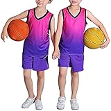 YUUMIN Kinder Junge 2er-Set Basketball Trainings Ärmellos Trikot und Shorts Trainingsanzug Jogginganzug Team Wettkampfbekleidung Gr. 122-164 Violett 122-128