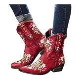 HOTRA Damenstiefel Cowboy Exotisch Cowgirl Stiefel mit Blumenstickerei Kurze Westernstiefel (Color : Wine, Size : 38 EU)