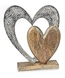 Deko Figur Herz Herzen 26 cm, Mango Holz massiv natur braun Metall Alu silber, Dekoherz Herzaufsteller Herzdeko zum S