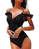 Toaho Damen Sexy Beach Strand Tankini Monokini Push Up Bademode Swimwear Swimsuit Badeanzüge Rüsche Schwarz M