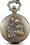 ZHANGYY Bronze 3D Flower Rose Taschenuhr Ketten Hollow Gravierte Taschenuhren Steampunk für Männer Frauen Geschenke Taschenuhr Geschenke für F