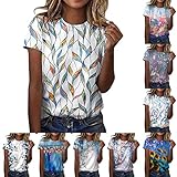 Briskorry Damen O-Ausschnitt Loose Fit Kurzarm T-Shirt mit Grafikdruck Lässig Bunter Druck Lustige T-Shirts Tops 3D Sommershirts Hemd Bluse S-2XL