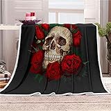 LKMVA 3D Gedruckte Decke Totenkopfrose 130 x 150cm Super Soft Sherpa Fleece Decke Mikrofaser Flanell Plüschdecke Geeignet für Kinder und Erwachsene Geburtstagsgeschenk Tragbare Reisedeck