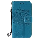 ISAKEN Kompatibel mit Galaxy S5 Hülle, PU Leder Flip Cover Brieftasche Geldbörse Wallet Case Handyhülle Tasche Schutzhülle Etui mit Handschlaufe Strap für Samsung Galaxy S5 Neo - Baum Katze B