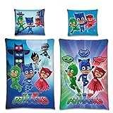BERONAGE PJ Mask Bettwäsche Night 135 x 200 cm + 80 x 80 cm 100% Baumwolle Renforcé-Linon-Qualität Catboy Owlette Eulette Gekko Pyjamahelden Masks Hauptquartier mit Reißverschluss deutsche Größ