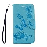 ISAKEN Kompatibel mit Galaxy S4 Mini Hülle, PU Leder Flip Cover Brieftasche Ledertasche Handyhülle Case Schutzhülle mit Handschlaufe Strap für Samsung Galaxy S4 Mini - Schmetterlinge Blumen B