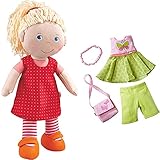 HABA 302108 - Puppe Annelie, Stoffpuppe mit Kleidung und Haaren, 30 cm, Spielzeug ab 18 Monaten & Kleiderset Schmetterling, Set aus Kleid, Hose, Handtasche und Haarband, Puppenzubehör für alle 30