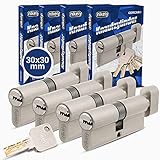 GERCAR Pro Knaufzylinder 30/30 Massiver Schließzylinder gleichschließend mit Knauf - 4er Set Zylinderschloss aus Messing Matt Vernickelt - inkl. 10x Wendeschlüssel - Länge: 60 mm, A:30 B:30 - 4x