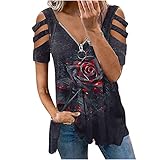 Masrin Damen T-Shirt Lässige Oberteile mit 3D-Digitaldruck Tee Tops Sommer Aushöhlen Schulterfrei Kurzarm Pullover Reißverschluss V-Ausschnitt Lose Rüschenb
