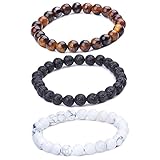 Unendlich U Cool Damen Herren Unisex Buddha Armband Armreif, 9mm Energie-Stein Kugeln Perlen Gebet Mala Stretch Energiearmband, Braun/Weiß/Schwarz(Lavastein)