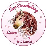 Tortenaufleger Tortenbild Einschulung Schulanfang Schuleinführung Pferd Rosa Wunschtext essbar Ø 20cm 769