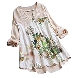 Damen-Bluse mit Vintage-Druck, elegant, Retro, Übergröße, V-Ausschnitt, Blumendruck, lange Ärmel, lockere Passform, Top, T-Shirt, Bluse, Damen, Herbst, Pullover, Halloween-Kostüm, beige, M