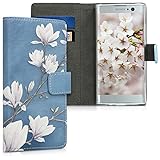 kwmobile Wallet Case kompatibel mit Sony Xperia XA2 - Hülle mit Ständer Kartenfächer Magnolien Taupe Weiß Blaug