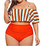 LIZS Damen Bikini Set Badeanzug Beachwear Gestreifter Printed Tube Top One Shoulder Split Rüschen Großer Badeanzug