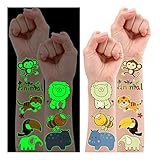 Leesgel Tattoo Kinder Dschungel Geburtstagsdeko, 38 Kinder Leuchtende Temporäre Tattoos, Tiere für Kinder Safari Deko Aufkleber Set Dschungel Deko Geburtstagsdeko Jung