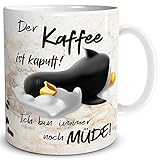 TRIOSK Pinguin Tasse Kaffee Kaputt mit Spruch lustig Coffee Geschenk für Arbeit Büro Frauen Freundin Kollegin Chef Pinguinliebhab